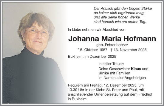 Traueranzeige von Johanna Maria Hofmann von Memminger Zeitung
