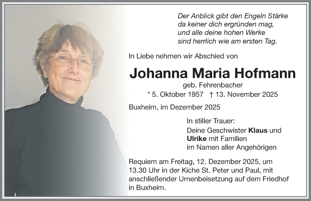  Traueranzeige für Johanna Maria Hofmann vom 06.12.2025 aus Memminger Zeitung
