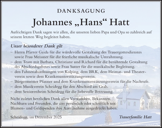Traueranzeige von Johannes Hatt von Der Westallgäuer