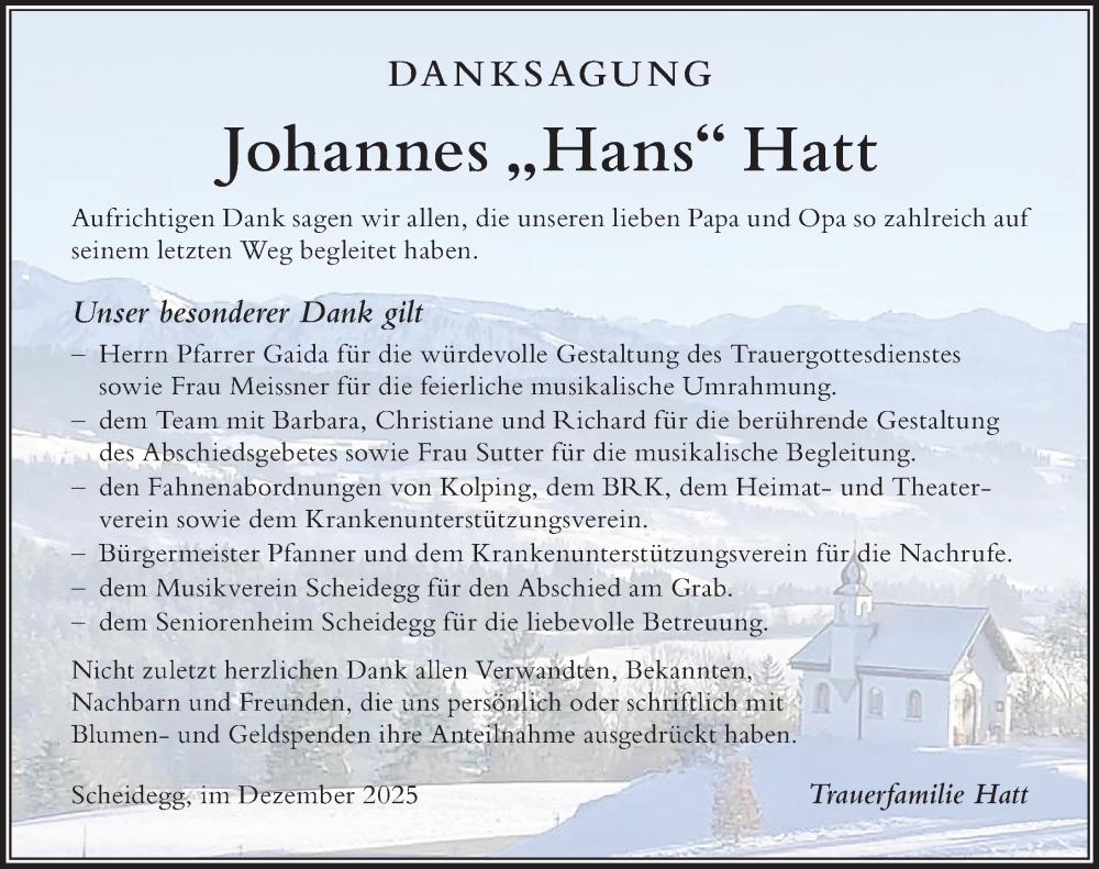  Traueranzeige für Johannes Hatt vom 13.12.2025 aus Der Westallgäuer