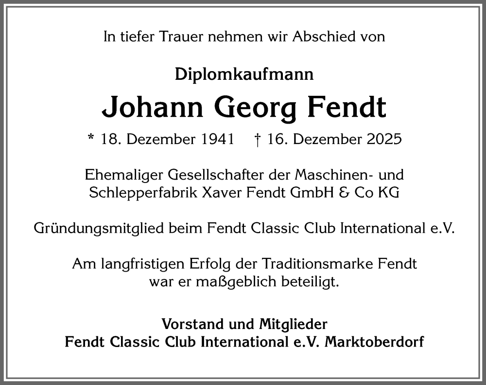  Traueranzeige für Johann Georg Fendt vom 30.12.2025 aus Allgäuer Zeitung, Marktoberdorf