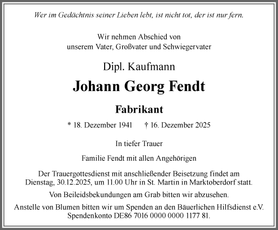 Traueranzeige von Johann Georg Fendt von Allgäuer Zeitung, Marktoberdorf