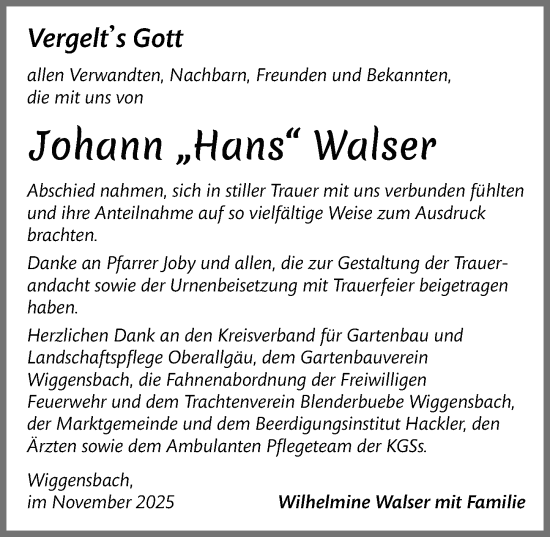Traueranzeige von Johann Hans Walser von Allgäuer Zeitung,Kempten