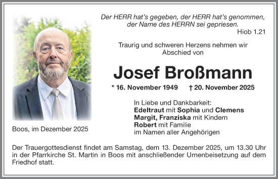 Traueranzeige von Josef Broßmann von Memminger Zeitung