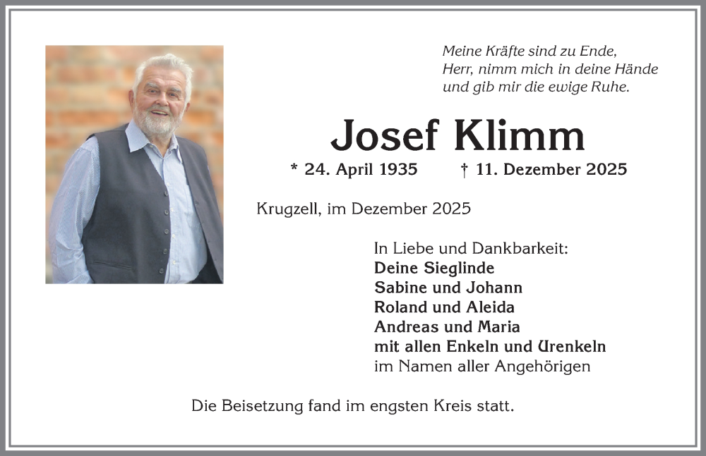  Traueranzeige für Josef Klimm vom 20.12.2025 aus Allgäuer Zeitung,Kempten