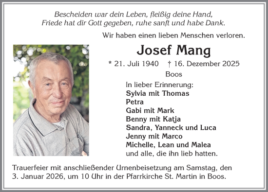 Traueranzeige von Josef Mang von Memminger Zeitung