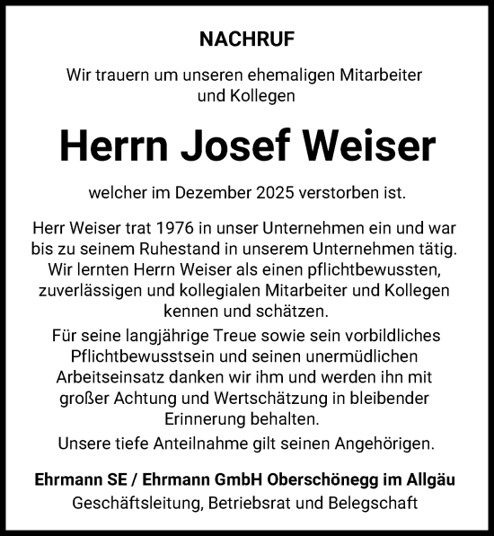 Traueranzeige von Josef Weiser von Illertisser Zeitung, Augsburger Allgemeine