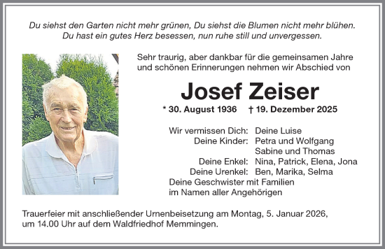 Traueranzeige von Josef Zeiser von Memminger Zeitung
