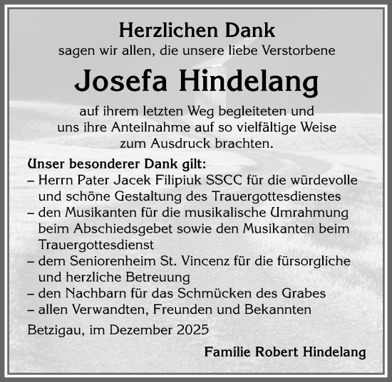 Traueranzeige von Josefa Hindelang von Allgäuer Zeitung,Kempten