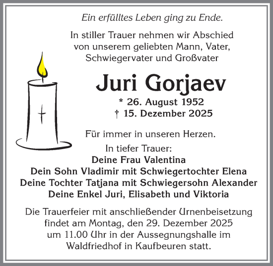 Traueranzeige von Juri Gorjaev von Allgäuer Zeitung, Kaufbeuren/Buchloe