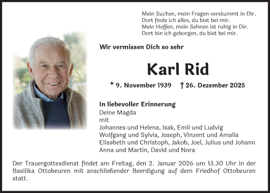 Traueranzeige von Karl Rid von Memminger Zeitung