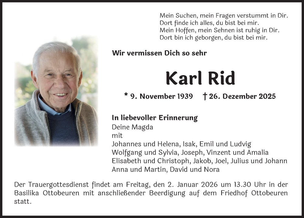  Traueranzeige für Karl Rid vom 30.12.2025 aus Memminger Zeitung