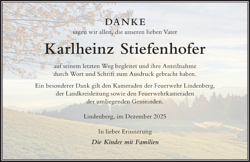  Traueranzeige für Karlheinz Stiefenhofer vom 13.12.2025 aus Der Westallgäuer