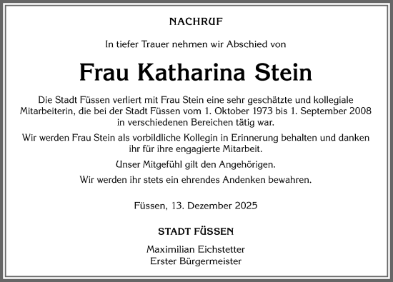 Traueranzeige von Katharina Stein von Allgäuer Zeitung, Füssen