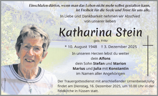 Traueranzeige von Katharina Stein von Allgäuer Zeitung, Füssen