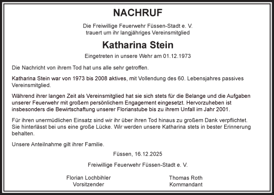 Traueranzeige von Katharina Stein von Allgäuer Zeitung, Füssen