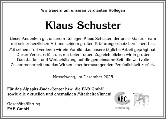 Traueranzeige von Klaus Schuster von Allgäuer Zeitung, Füssen