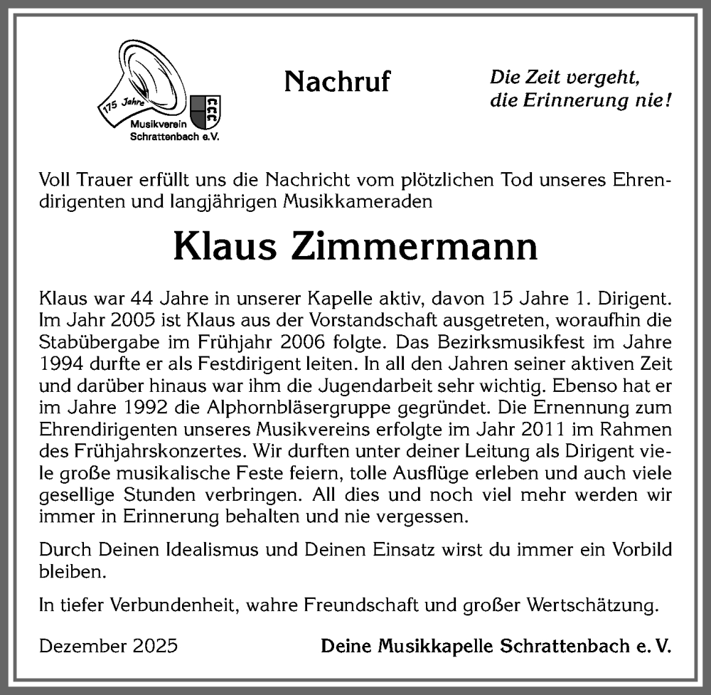  Traueranzeige für Klaus Zimmermann vom 31.12.2025 aus Allgäuer Zeitung,Kempten