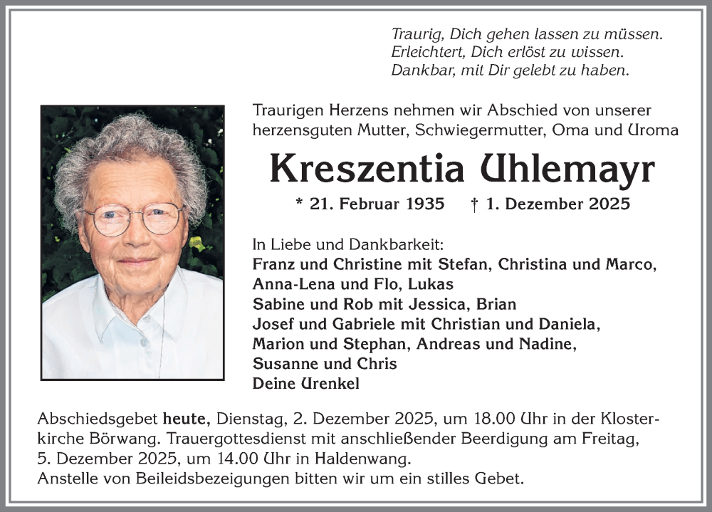  Traueranzeige für Kreszentia Uhlemayr vom 02.12.2025 aus Allgäuer Zeitung,Kempten