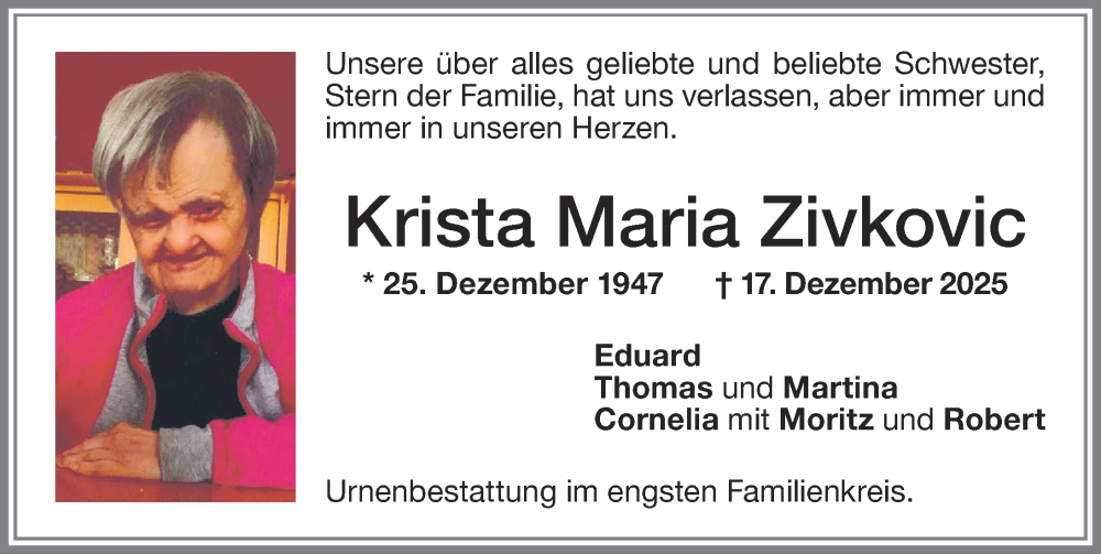  Traueranzeige für Krista Maria Zivkovic vom 24.12.2025 aus Memminger Zeitung
