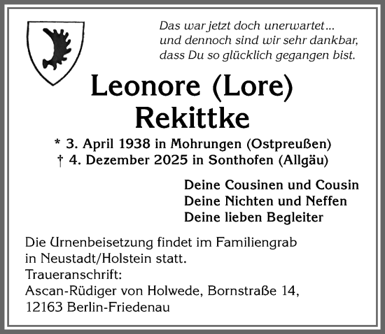 Traueranzeige von Leonore Rekittke von Allgäuer Anzeigeblatt