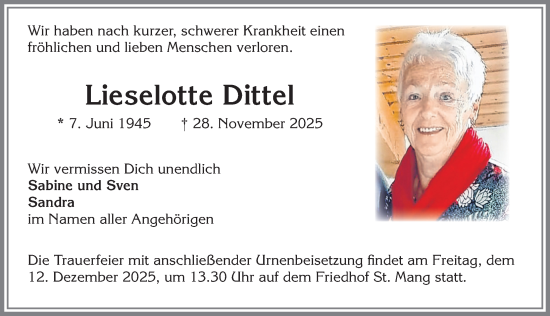 Traueranzeige von Lieselotte Dittel von Allgäuer Zeitung,Kempten