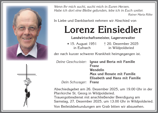 Traueranzeige von Lorenz Einsiedler von Allgäuer Zeitung,Kempten