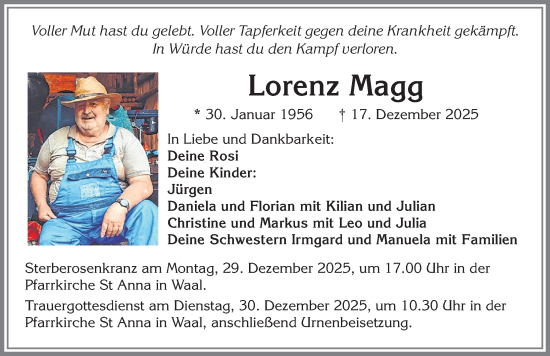 Traueranzeige von Lorenz Magg von Allgäuer Zeitung, Kaufbeuren/Buchloe