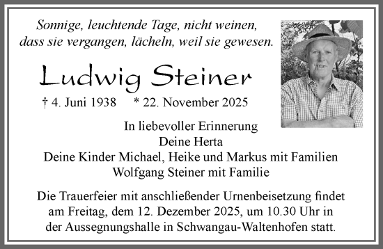 Traueranzeige von Ludwig Steiner von Allgäuer Zeitung, Füssen