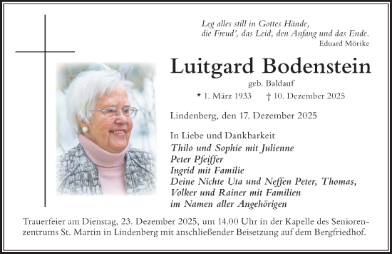 Traueranzeige von Luitgard Bodenstein von Der Westallgäuer