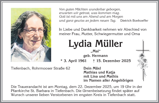 Traueranzeige von Lydia Müller von Allgäuer Anzeigeblatt