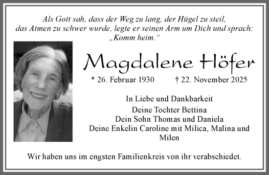 Traueranzeige von Magdalene Höfer von Allgäuer Zeitung, Füssen