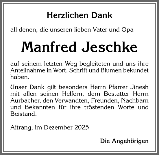 Traueranzeige von Manfred Jeschke von Allgäuer Zeitung, Marktoberdorf