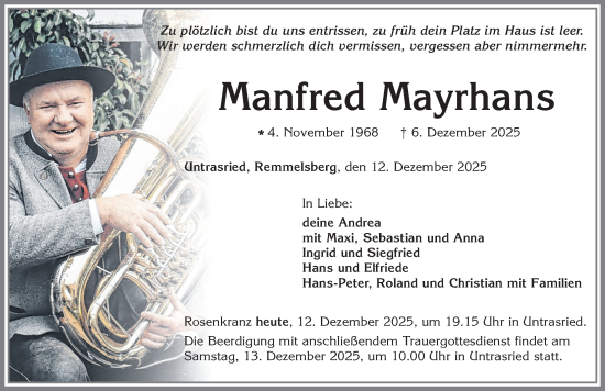 Traueranzeige von Manfred Mayrhans von Allgäuer Zeitung, Marktoberdorf