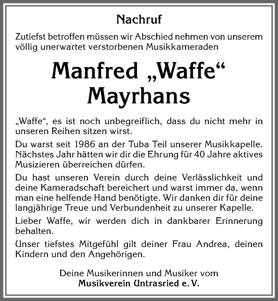 Traueranzeige von Manfred Mayrhans von Allgäuer Zeitung, Marktoberdorf