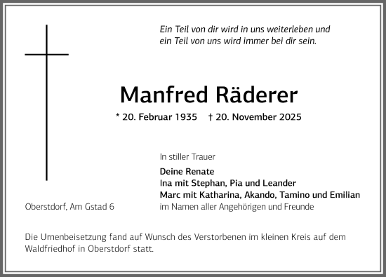 Traueranzeige von Manfred Räderer von Allgäuer Anzeigeblatt
