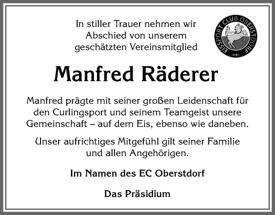 Traueranzeige von Manfred Räderer von Allgäuer Anzeigeblatt
