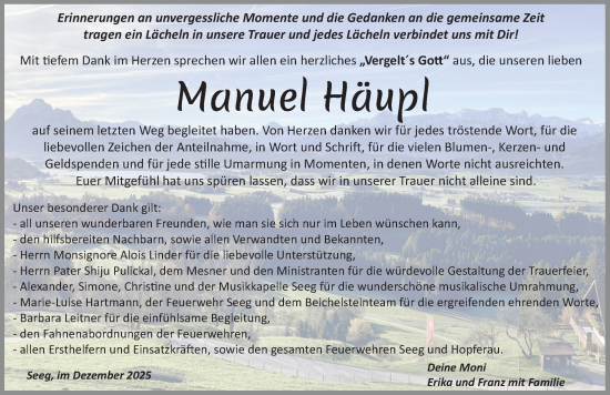 Traueranzeige von Manuel Häupl von Allgäuer Zeitung, Füssen