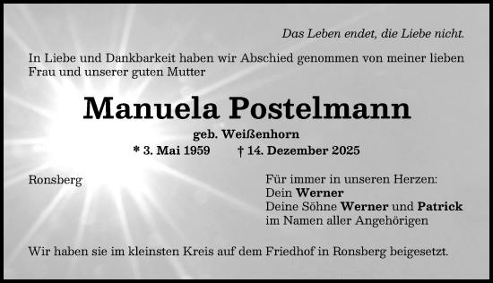 Traueranzeige von Manuela Postelmann von Allgäuer Zeitung, Marktoberdorf