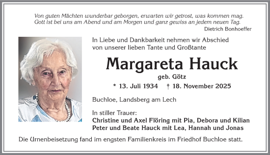 Traueranzeige von Margareta Hauck von Allgäuer Anzeigeblatt