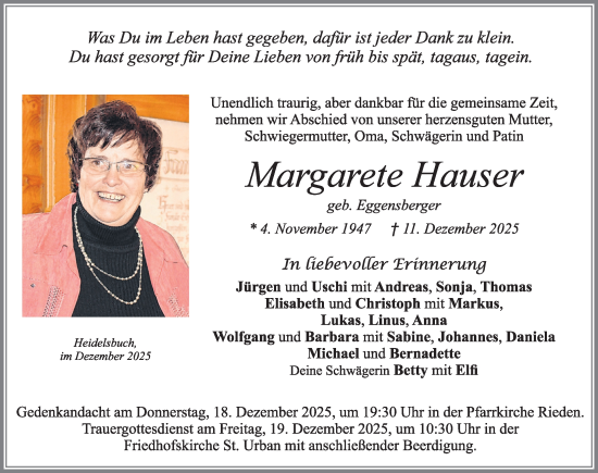Traueranzeige von Margarete Hauser von Allgäuer Zeitung, Füssen