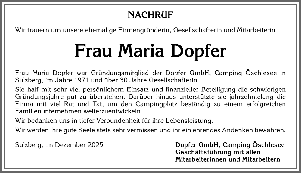  Traueranzeige für Maria Dopfer vom 13.12.2025 aus Allgäuer Zeitung,Kempten