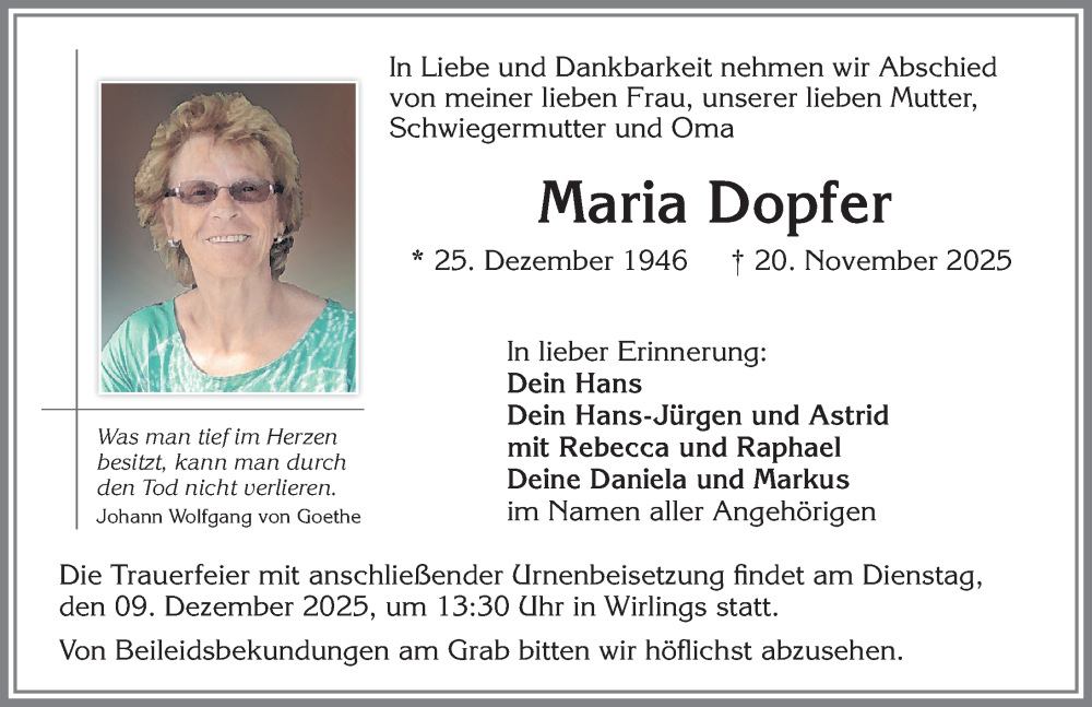  Traueranzeige für Maria Dopfer vom 06.12.2025 aus Allgäuer Zeitung,Kempten
