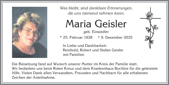 Traueranzeige von Maria Geisler von Allgäuer Zeitung, Kaufbeuren/Buchloe