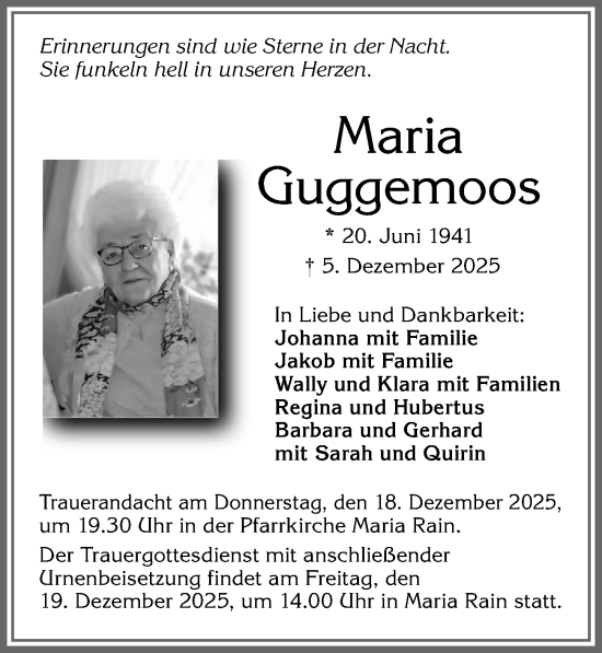 Traueranzeige von Maria Guggemoos von Allgäuer Zeitung,Kempten