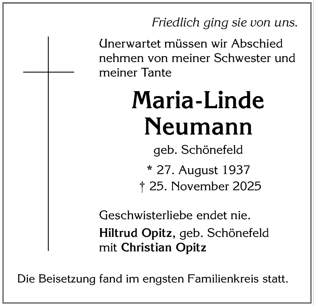  Traueranzeige für Maria-Linde Neumann vom 16.12.2025 aus Allgäuer Anzeigeblatt