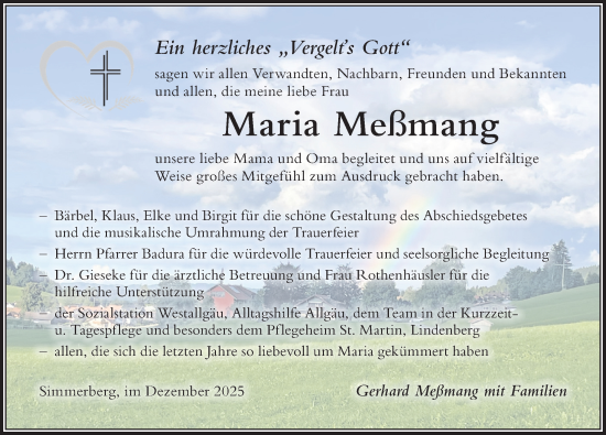 Traueranzeige von Maria Meßmang von Der Westallgäuer