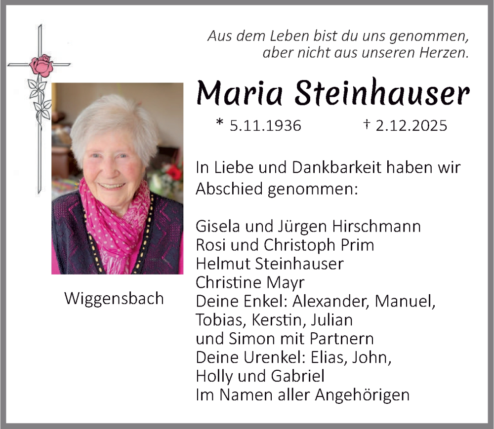  Traueranzeige für Maria Steinhauser vom 13.12.2025 aus Allgäuer Zeitung,Kempten