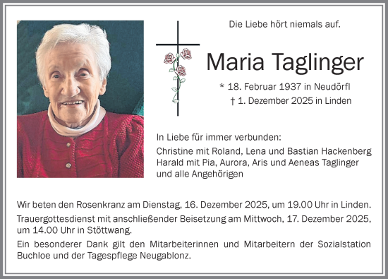Traueranzeige von Maria Taglinger von Allgäuer Zeitung, Kaufbeuren/Buchloe
