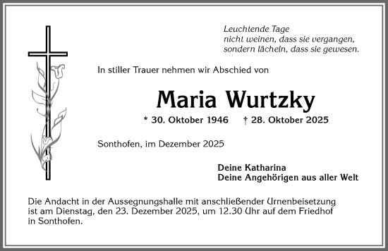 Traueranzeige von Maria Wurtzky von Allgäuer Anzeigeblatt
